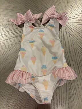 Sal & Pimenta Girls White Pink Ice Cream One-Piece Swimsuit with Bow Straps
